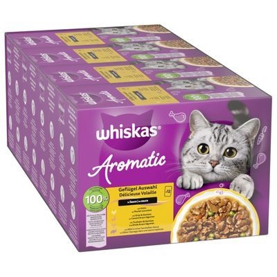 Whiskas Aromatic Selection selezione di pollame in salsa, 48x85g. Confezione con gatto e ciotola di cibo. Contiene pollo, anatra, tacchino e cuori di pollame.