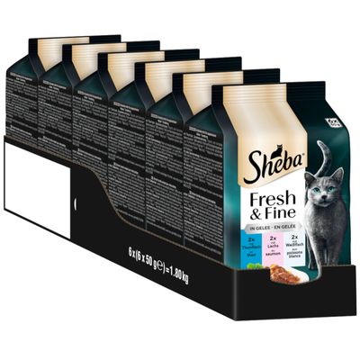 Sheba Fresh & Fine em geleia, embalagem 6x50g com atum, salmão e peixe branco. Peso total: 1,80kg.