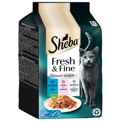 Sheba Fresh & Fine em geleia, 6x50g. Variedades: 2x atum, 2x salmão, 2x peixe branco. Marisco certificado sustentável MSC. Papel totalmente reciclável. Sheba Fresh & Fine em geleia, 6x50g. Variedades: 2x atum, 2x salmão, 2x peixe branco. Marisco certificado sustentável MSC. Papel totalmente reciclável.