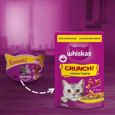 Whiskas Crunch! chutný topping, nové balení, stejná chuť, s kuřetem, krůtou a kachnou, 100g.