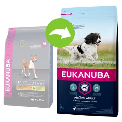 Förpackningsändring: Eukanuba Adult Medium Breed 10–25 kg, gammal och ny design visas. Text: Active Adult, +1 år, 3 kg, rik på färsk kyckling.