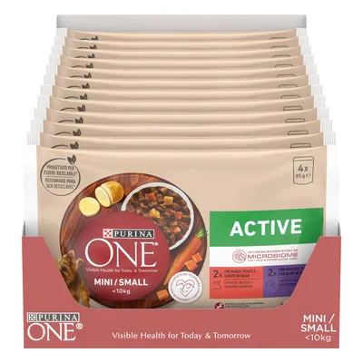 Purina ONE Mini/Small <10kg Active, 4x85g. Mokré krmivo s kachnou, mrkví a zelenými fazolkami v omáčce. Podporuje zdravé mikrobiom. Obal recyklovatelný.