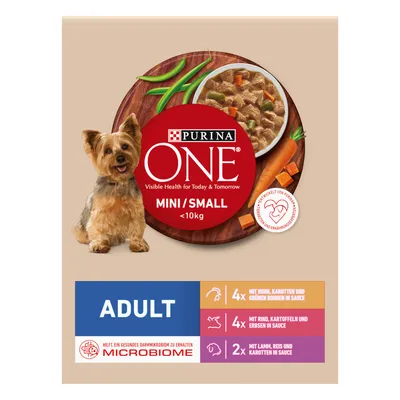 Purina ONE Mini/Small <10kg Adult. Con pollo, carote e fagiolini in salsa, manzo, patate e piselli in salsa, agnello, riso e carote in salsa. Supporta il microbioma intestinale sano.