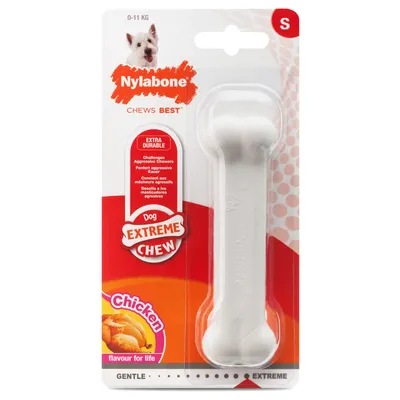 Nylabone Extreme Chew dla psów, rozmiar S, wyjątkowo trwały, smak kurczaka. Odpowiedni dla silnie gryzących, waga 0-11 kg. Nylabone Extreme Chew dla psów, rozmiar S, wyjątkowo trwały, smak kurczaka. Odpowiedni dla silnie gryzących, waga 0-11 kg.