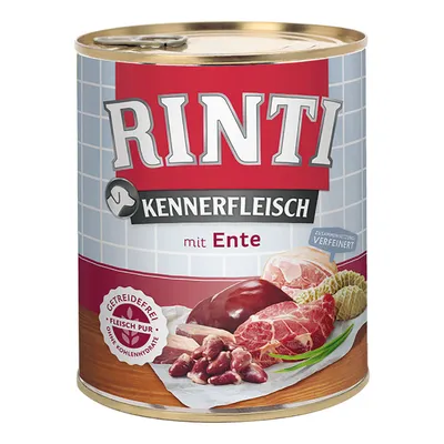 Konzerva Rinti Kennerfleisch mit Ente, nápis Getreidefrei Fleisch pur ohne Kohlenhydrate, obrázek masa a vnitřností na obalu.