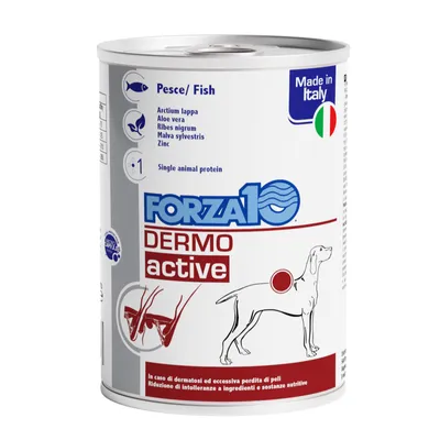 Boîte Forza10 Dermo Active pour chien, ingrédients visibles : poisson, arctium lappa, aloe vera, ribes nigrum, malva sylvestris, zinc. Made in Italy. Single animal protein.