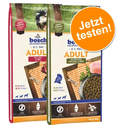 Bosch Adult Hundefutter ab 12 Monaten, Varianten: Lamm & Reis, Frisches Geflügel & Hirse. Ohne Weizen, mit Immun-Komplex und Muschelextrakt. Jetzt testen!