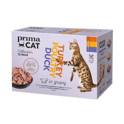 Prima Cat Collection 12-Pack. Indyk, drób, kaczka w sosie. 88% składników zwierzęcych w filecie. Bez zbóż, bez dodatku cukru. Pełnoporcjowa karma dla kotów.