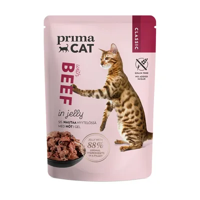 Prima Cat Classic med nötkött i gelé, spannmålsfri, utan tillsatt socker. Gelé med 88 % animaliska ingredienser i filé.