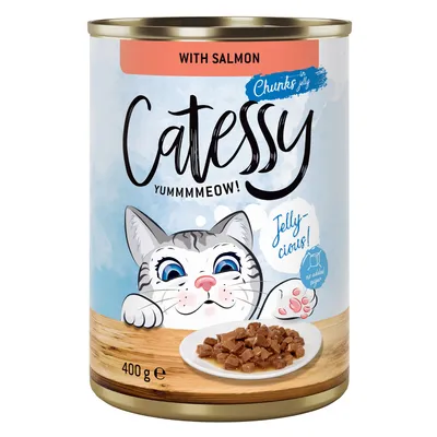 Catessy Chunks in Jelly lazaccal, 400 g konzerv. Hozzáadott cukor nélkül. Macska illusztrációja és tálon tálalt zselés darabok.