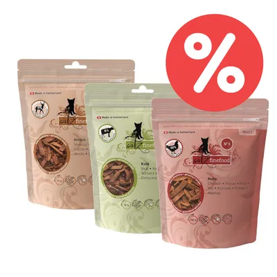 Drei Packungen catz finefood Meatz: Hirsch, Kalb und Huhn. Monoprotein, getreidefrei, keine Tierversuche, hergestellt in der Schweiz. Rotes Prozentzeichen für Rabatt sichtbar.