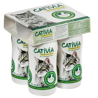 Cativia Prebiotic Milk pentru pisici preferate, supliment alimentar, cu lactoză redusă, fără conservanți, 95 ml. Componente analitice: proteină 3,2%, grăsime 3,5%, lactoză 0,8%.