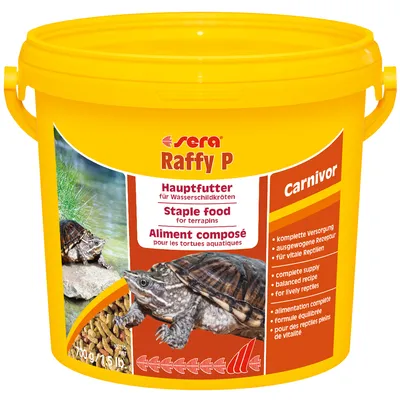 Sera Raffy P Carnivor Staple food for terrapins, τροφή για υδρόβιες χελώνες. Εικόνα χελώνας και κόκκων τροφής στη συσκευασία. Καθαρό βάρος 700 g (1,5 lb).