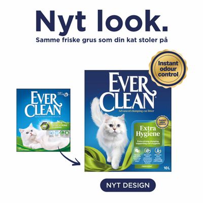 Ever Clean kattegrus med nyt design, samme opskrift. Øjeblikkelig lugtkontrol, ekstra hygiejne, 10 L. Bemærk nyt emballagedesign.