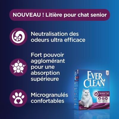 Ever Clean Senior Cat litière pour chat senior, neutralisation des odeurs ultra efficace, fort pouvoir agglomérant, microgranulés confortables. Nouveau, 7+, boîte de 10 L visible.