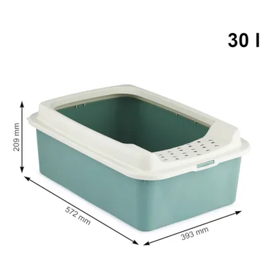 Grüne Katzentoilette mit weissem Rand, Masse: 572 mm x 393 mm x 209 mm, Fassungsvermögen: 30 Liter.