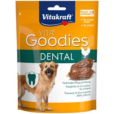 Vitakraft VITA Goodies Dental, Made in Germany, uden sukker, uden korn. Forhindrer dannelse af plak. Emballage med hund og tandsymbol.