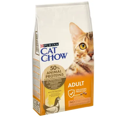 Purina Cat Chow Adult, 50% proteine animali, ricco in pollo, con prebiotico naturale, senza coloranti o conservanti artificiali. Immagine di un gatto e una gallina sulla confezione.