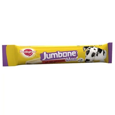 Jumbone Maxi beef and poultry flavour, less than 5% fat, single stick in yellow packaging Jumbone Maxi beef and poultry flavour, less than 5% fat, single stick in yellow packaging