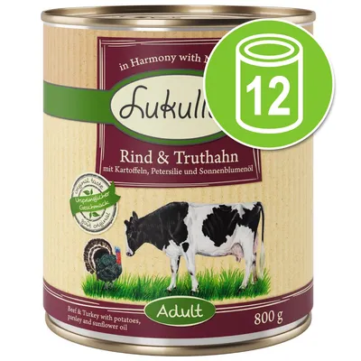 Lukullus Rind & Truthahn Adult, 800 g. Met aardappel, peterselie en zonnebloemolie. Afbeelding toont verpakking met koe en kalkoen. Set van 12 blikken zichtbaar.