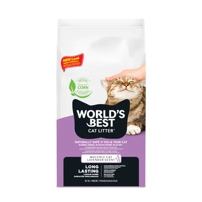 World's Best Cat Litter, natürlich sicher, hergestellt aus Mais, Duft Lavendel, für mehrere Katzen, langanhaltend, staubfrei, hervorragende Geruchskontrolle.