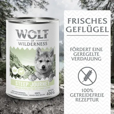 Wolf of Wilderness Steep Journey Junior, frisches Geflügel und Lamm, 100% getreidefreie Rezeptur, fördert eine geregelte Verdauung, 400g Dose. Wolf of Wilderness Steep Journey Junior, frisches Geflügel und Lamm, 100% getreidefreie Rezeptur, fördert eine geregelte Verdauung, 400g Dose.