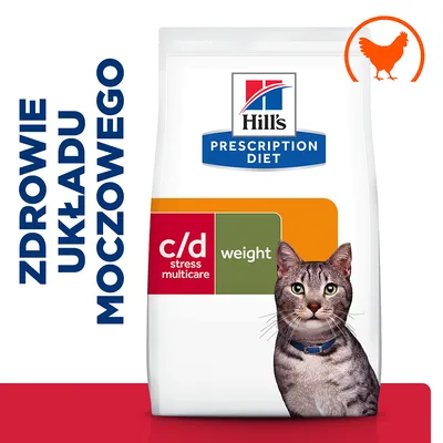 Hill's Prescription Diet c/d stress multicare weight dla kotów, zdrowie układu moczowego, opakowanie z wizerunkiem kota i ikoną kurczaka.