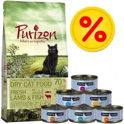 Purizon Dry Cat Food 400 g, nápis 'Nature is our inspiration', vedle sedm konzerv Cosma Nature s příchutěmi tuňák, kuře, losos, sleva označená žlutým symbolem %.