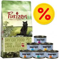 Purizon Dry Cat Food 400 g, nápis 'Nature is our inspiration', vedle sedm konzerv Cosma Nature s příchutěmi tuňák, kuře, losos, sleva označená žlutým symbolem %.