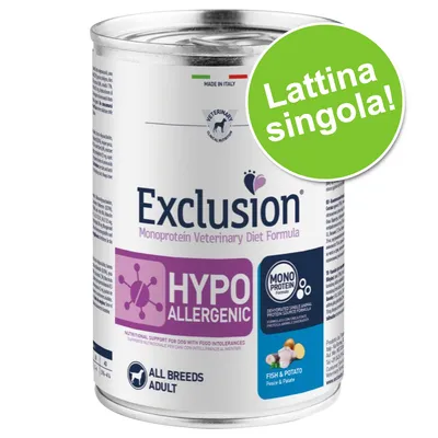 Exclusion Monoprotein Veterinary Diet Formula HYPOALLERGENIC, lattina singola, pesce e patate, per cani adulti di tutte le taglie. Made in Italy visibile sull'etichetta.