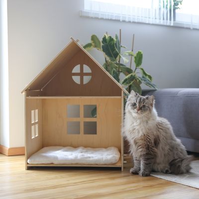 Niche pour chat en bois avec coussin blanc, fenêtres découpées sur les côtés et à l’avant. Chat à poils longs assis à côté de la niche, intérieur visible.