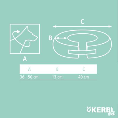 Storlekstabell för halskrage: A 36-50 cm, B 13 cm, C 40 cm. Diagram visar mått och användning av kragen. Märket Kerbl Pet synligt.