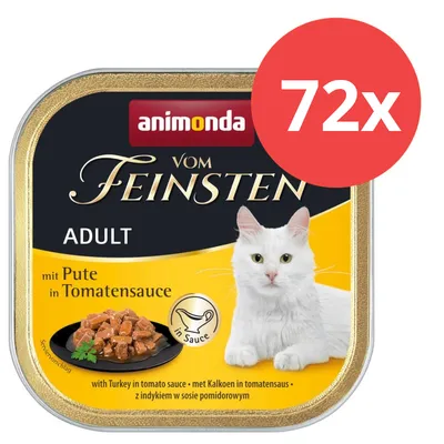 Animonda Vom Feinsten Adult mit Pute in Tomatensauce, 72x Portionsschalen. Abbildung einer weißen Katze und serviertem Futter in Sauce.