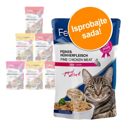 Feline Porta 21, Feines Hühnerfleisch Fine Chicken Meat, pur/pure, bez dodanog šećera. Narančasti krug s tekstom: Isprobajte sada! Više pakiranja s mačkom i tunjevinom.