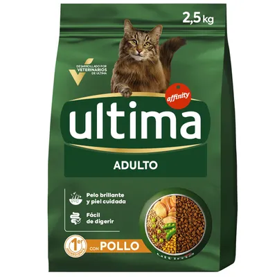 Ultima Adulto krmivo pre mačky s kuracím mäsom, 2,5 kg. Vyvinuté veterinármi. Výhody: lesklá srsť, zdravá koža, ľahko stráviteľné. Hlavná zložka: kuracie mäso.