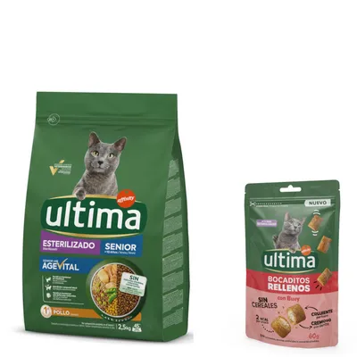 60 g gratis! 2,5 kg hrană uscată Ultima Cat + gratis 60 g snack Ultima pentru pisici - Sterilised Senior Pui 2,5 kg + Snacks Bucățele umplute cu vită 60 g