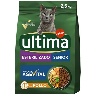 Ultima Sterilizado Senior AgeVital con Pollo, 2,5 kg. Na embalaži slika mačke in posodice s hrano. Besedilo v španščini: desarrollado por veterinarios de Ultima, senior +10, 1er ingrediente con pollo.