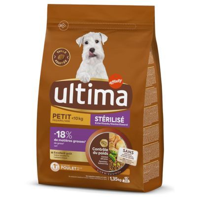 Ultima Petit gesteriliseerd, 1,35kg, voor honden onder 10kg. -18% vet, gewichtscontrole, met kip als hoofdingrediënt, uitstekende smaak.