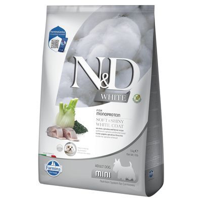 N&D White Fish Monoprotein Soft & Shiny White Coat hondenvoer, Farmina Pet Foods, Adult Dog Mini, afbeelding van vis en groente op de verpakking. Inhoud: 1,5 kg.