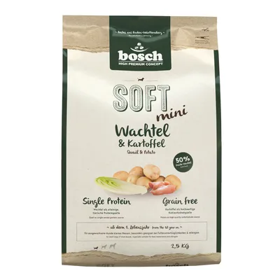 Bosch Soft Mini křepelka a brambor, jedno bílkovina, bez obilovin, 50 % čerstvého křepelčího masa, vhodné od 1. roku pro malá plemena psů, balení 2,5 kg.
