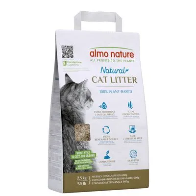 Zak almo nature Natural Cat Litter, 100% plant-based, ultra-absorberend, geurcontrole, composteerbaar, veilig, chemievrij. Inhoud: 2,5 kg. Afbeelding van kat en korrelstructuur zichtbaar.