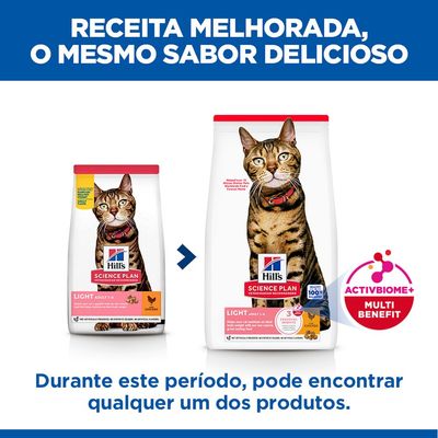 Hill's Science Plan Light Adult 1-6 com frango. 17% menos calorias do que Hill's Science Plan Adult. Sem conservantes, corantes ou aromas artificiais.
