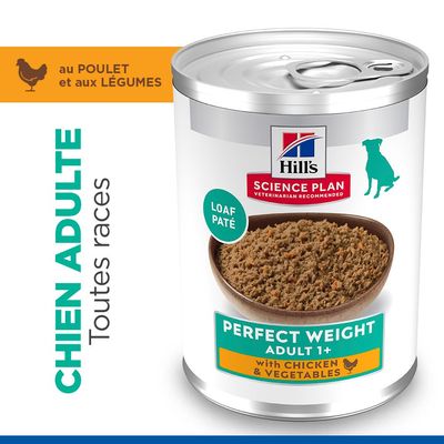 Hill's Science Plan Perfect Weight Adulte 1+ au poulet et aux légumes, mousse pâté, pour chiens adultes de toutes races.
