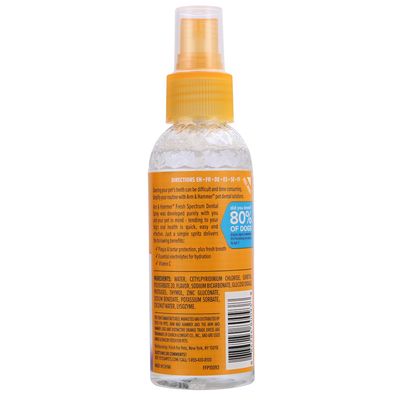 Arm & Hammer Fresh Spectrum Dental Spray für Hunde. Inhaltsstoffe: Wasser, Cetylpyridiniumchlorid, Sorbitol, Natriumbicarbonat, Zinkgluconat, Kaliumsorbat, Vitamin C. Für Zahnpflege geeignet.