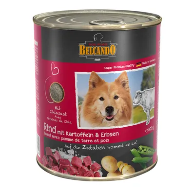 Boîte Belcando Dog Food, bœuf avec pomme de terre et pois, 800 g. Texte visible : Super Premium Quality, Made in Germany, Avec graines de chia. Image d’un chien et ingrédients visibles.