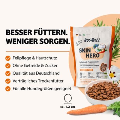BUGBELL Skin Hero Trockenfutter, Fellpflege & Hautschutz, ohne Getreide & Zucker, Qualität aus Deutschland, für alle Hundegrößen geeignet, Kroketten ca. 1,2 cm.