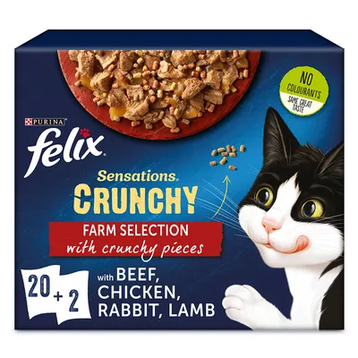 Purina felix Sensations Crunchy Farm Selection with crunchy pieces, 20+2, with beef, chicken, rabbit, lamb. No colourants. Same great taste. Purina felix Sensations Crunchy Farm Selection with crunchy pieces, 20+2, with beef, chicken, rabbit, lamb. No colourants. Same great taste.