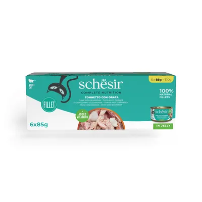 Schesir Complete Nutrition Thon avec dorade pour chat adulte, 6 x 85 g, filets naturels 100 %, vitamines ajoutées, en gelée. Texte en anglais et autres langues visible sur l’emballage.