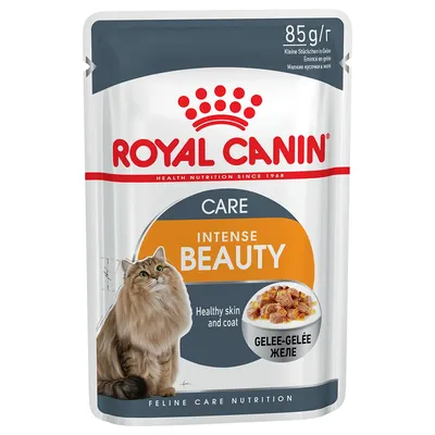 Royal Canin Care Intense Beauty, 85g, pieniä paloja hyytelössä. Tukee tervettä ihoa ja kiiltävää turkkia. Feline Care Nutrition.
