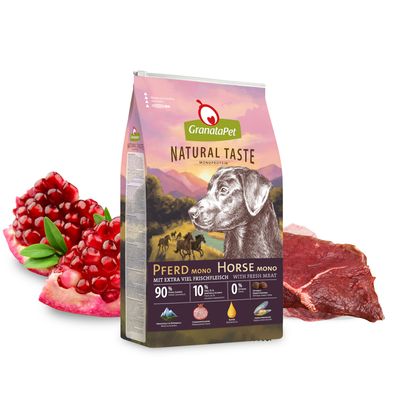 GranataPet Natural Taste Monoprotein koń z dużą ilością świeżego mięsa, 90% mięsa, 10% warzyw i owoców, 0% zbóż. Opakowanie z granatem i świeżym mięsem.